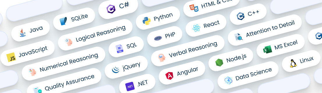 Badges showing technologies available like Java, SQLite,
             C#, JavaScript, Python, HTML, CSS, SQL, PHP, React, and more.